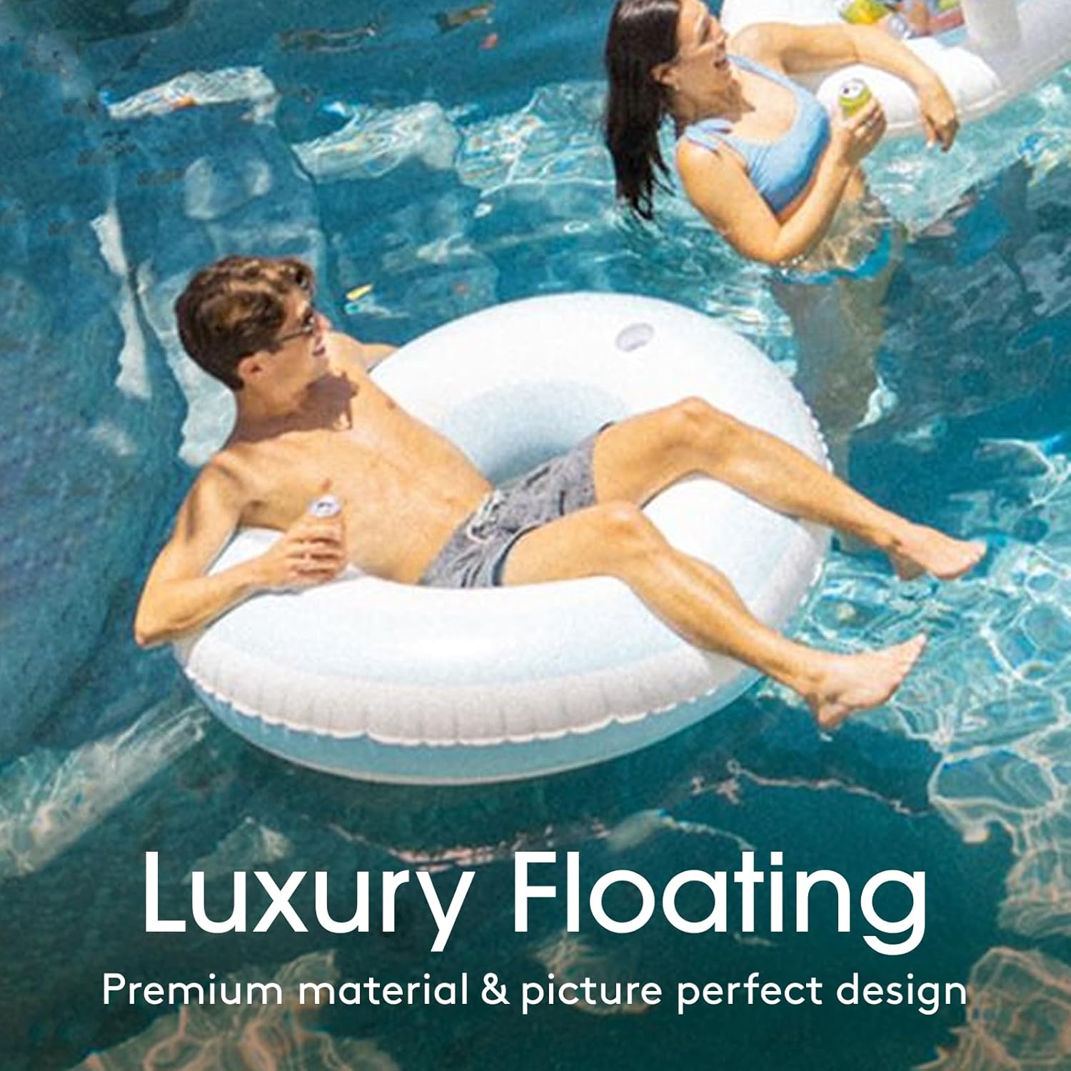 FUNBOY Giant Light Blue Stripe Inflatable Tube Pool Float with Cup Holder 48" | Large Pool Float for Adults | Inner Tube Swimming Pool Toys Swim Rings | Pool Lounger Float for Pool Party & Summer