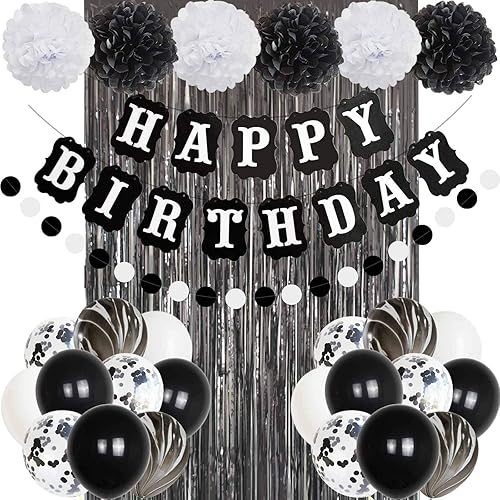 ANSOMO Decoraciones de fiesta de feliz cumpleaños en blanco y negro, 30 piezas de globos, pancartas de aluminio con flecos, para hombres y mujeres