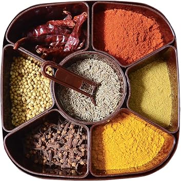 Plastic Masala Box for Kitchen, Rangoli/Spice/Masala Container Dabba - 7 Sections, 700 Ml, Assorted Colour Dark