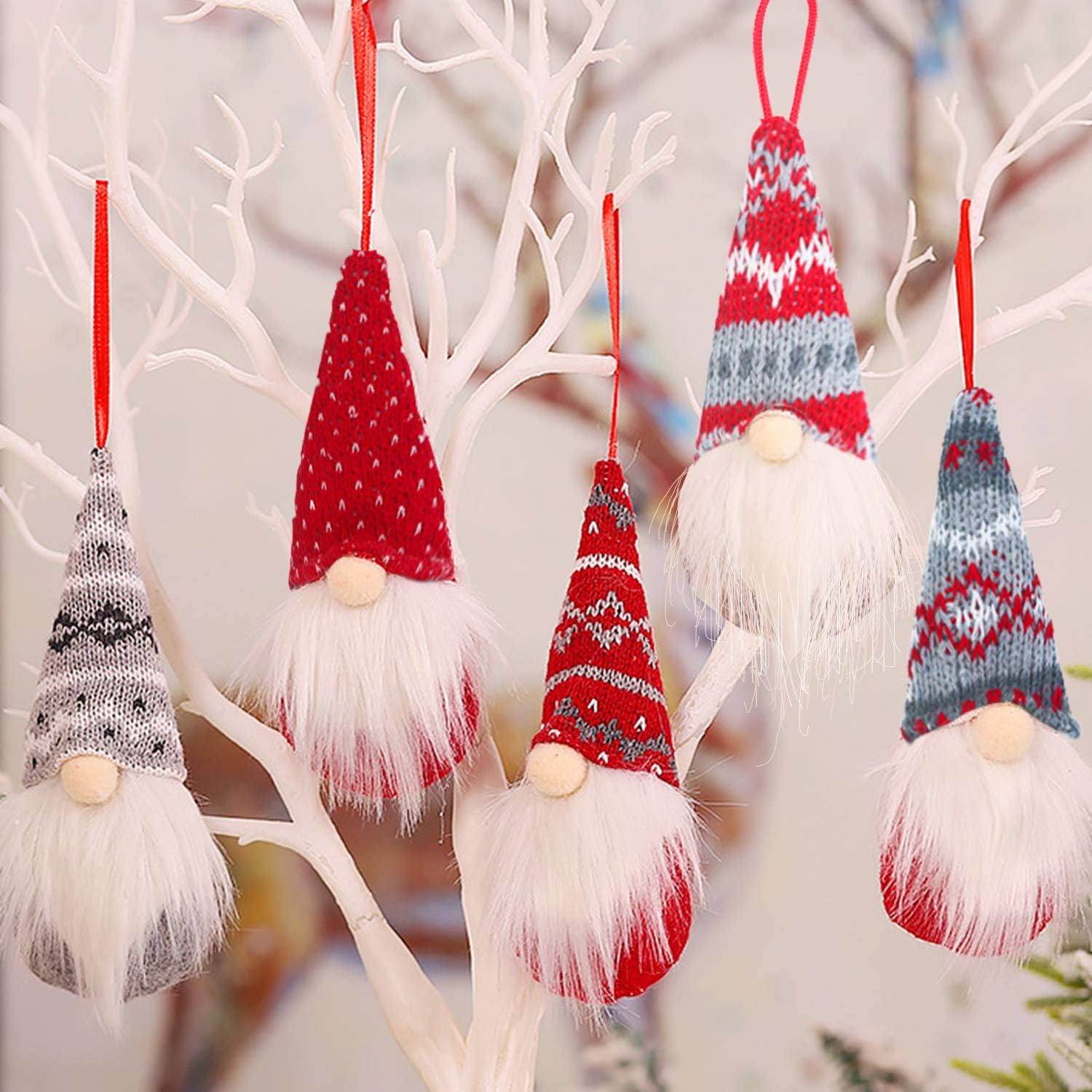 5 Pack Gnome Christmas Plush Ornaments Set, Xmas Hanging Decorations Gnome Hat Tomtees Plush Scandinavian Santa Beard Ornaments for Christmas Tree Fireplace Home Decor