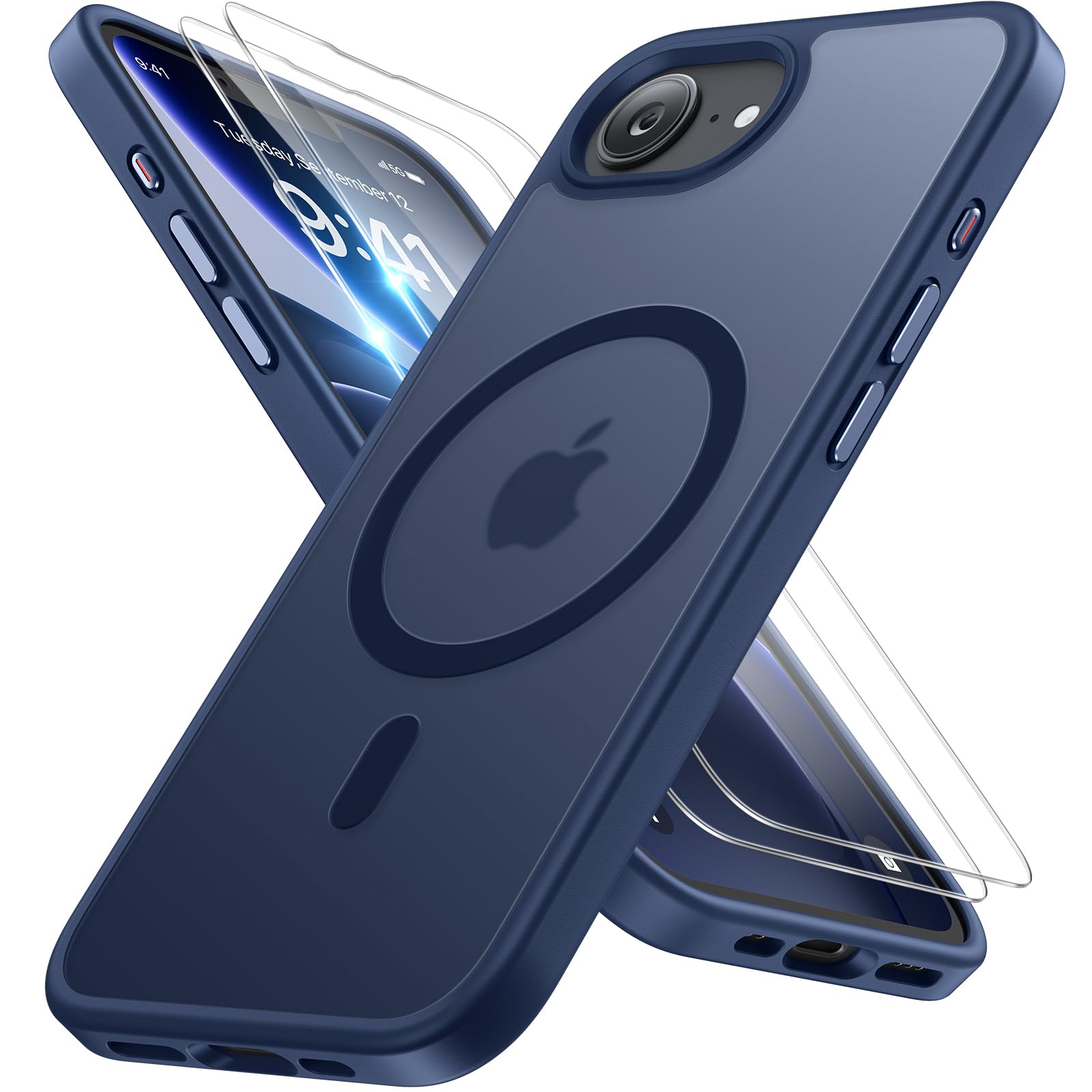 miracase for iPhone 16e case &amp; iPhone 17e Case for MagSafe [with 2×9H+ Screen Protectors] TOP Military-Grade Protection Shockproof with Velvet Touch for iPhone 16e/17e Phone Case 6.1", Dark Blue
