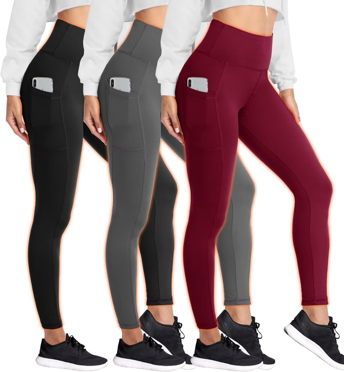 HIGHDAYS 3 Pack Fleece Lined Leggings for Women with Pockets - Tummy Control Thermal Warm Yoga Pants Plus Size S/M-4XL