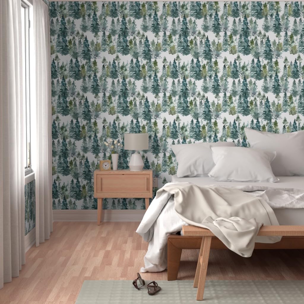 Removable Wallpaper 6ft x 2ft - Woodland Pine Trees White Winter Christmas Snowy Watercolor Green Holiday Forest Custom Pre-Pasted Wallpaper by Spoonflower