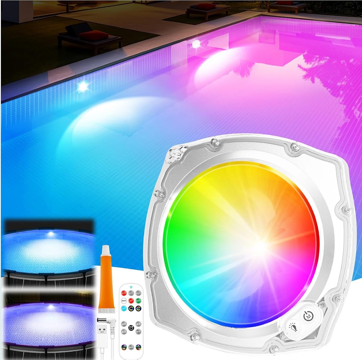 Luces sumergibles recargables para piscina con control remoto para piscina sobre el suelo, 1 unidad | Luces para bañera de hidromasaje, luz Led flotante subacuática para piscina de 5000Mah, resistente al agua IP68, magnética, 9 modos de cambio de Color