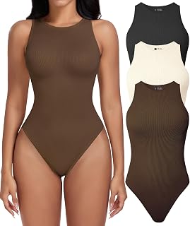 Womens Shapewear Bodysuit Tummy Control Seamless Ribbed High Neck Tank Top Body Shaper Thong Sleeveless
