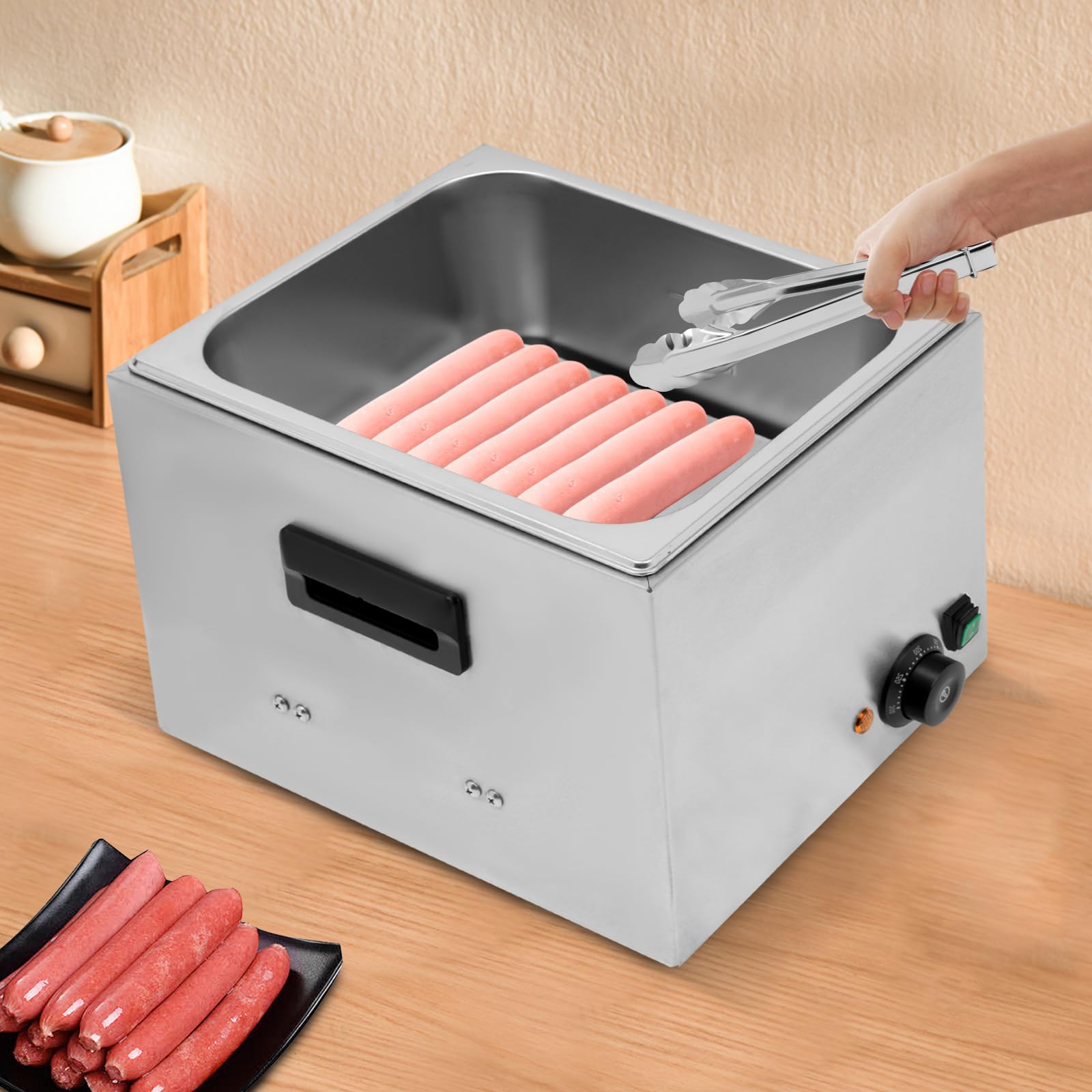 Scaldavivande elettrico per salsicce, 1300 W, in acciaio inox, 10 l, con regolatore di temperatura, per snack bar, panetterie, 39 x 30 x 27 cm