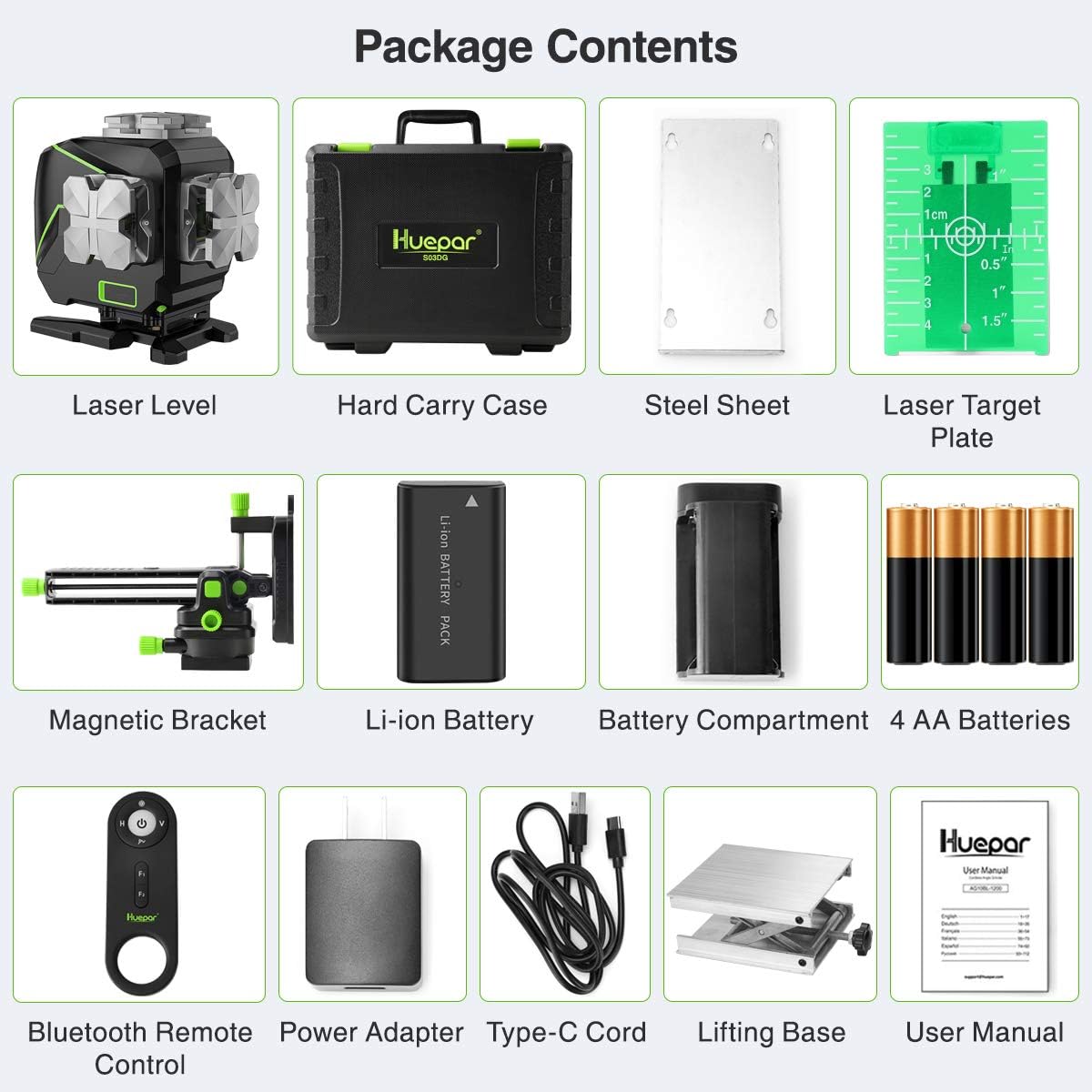 Huepar 3x360° Self-Leveling Laser Level with LCD Screen, 3D Bluetooth Connected Green Beam Cross Line Tiling Floor Laser Tool -360° Horizontal/Vertical Laser Line -Remote Control&Hard Carry Case S03DG - - 