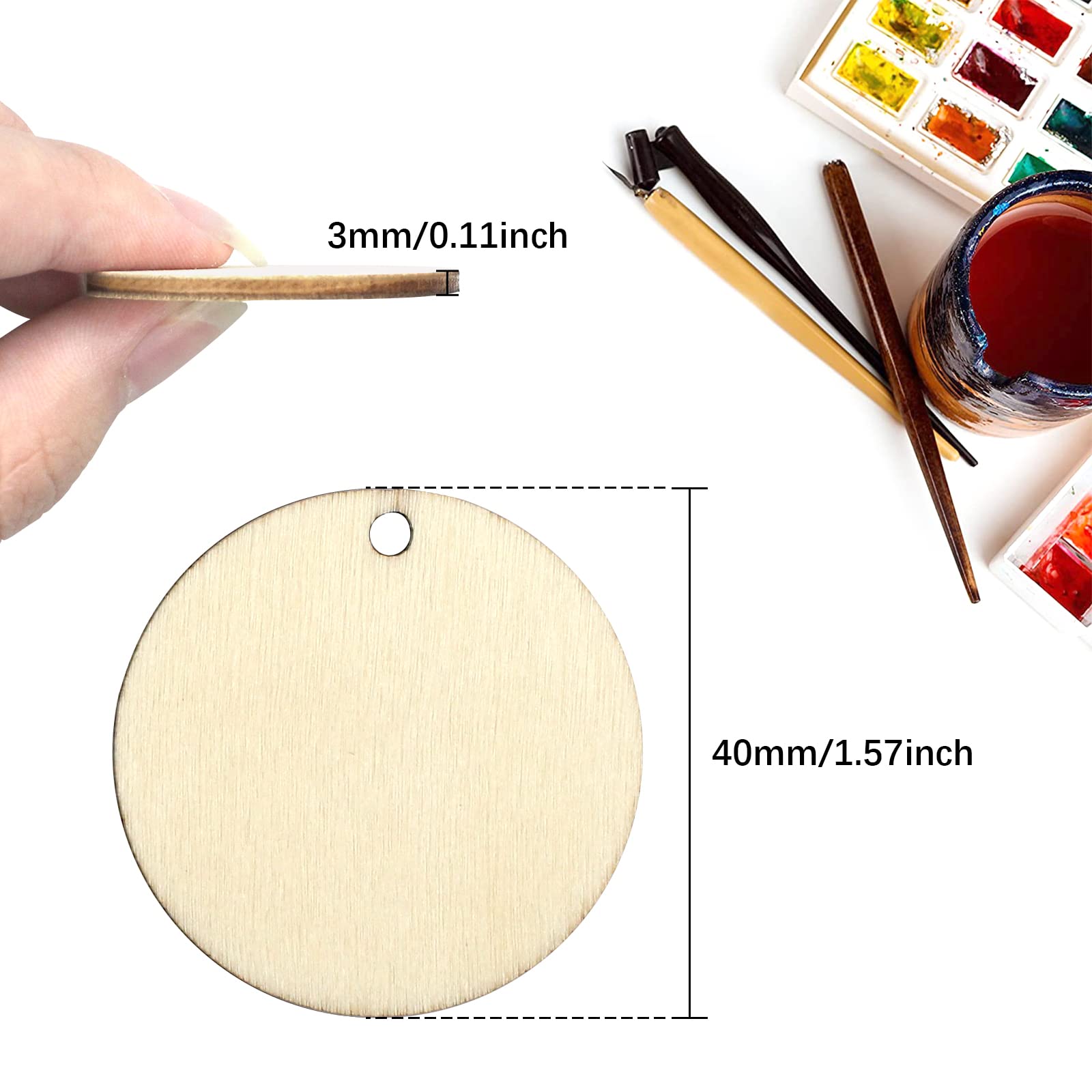wocpvm 100 Pcs Wooden Discs - Round Wood Slices with Holes, 4cm - Image 2