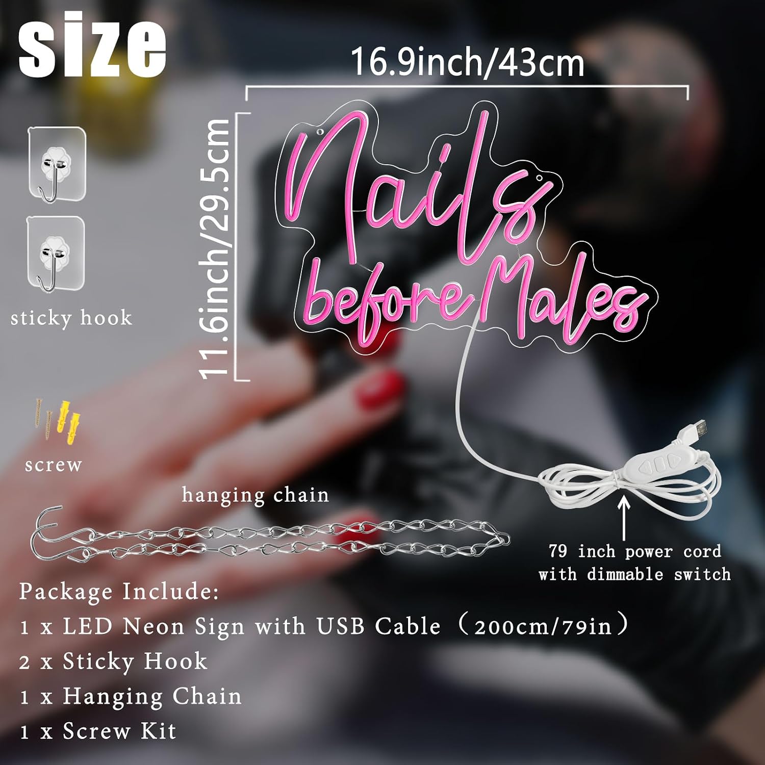Nails Before Males Neon Sign, Dimmable Nail Neon Light for Wall Decor, USB Powered Nail Letter Neon Light Up Sign for Nail Salon Beauty Room Bedroom Makeup Room Birthday Party
