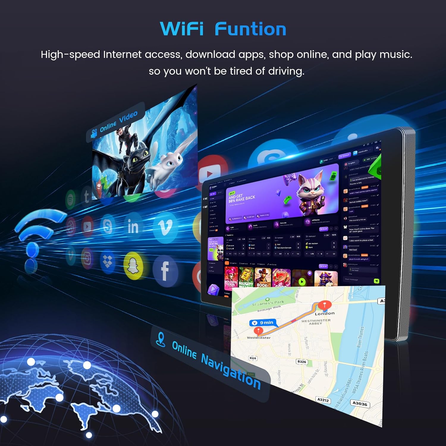 Image depicting the WiFi function with various app icons and online navigation on the car stereo screen.