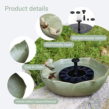 Ceramic Ground Bird Bath Bowl with Solar Powered Bubbler Fountain | 10.1 Tabletop BirdBath bowl only With Solar powered Fountain for Outdoors, Garden, Patio, Balcony & Yard Decor