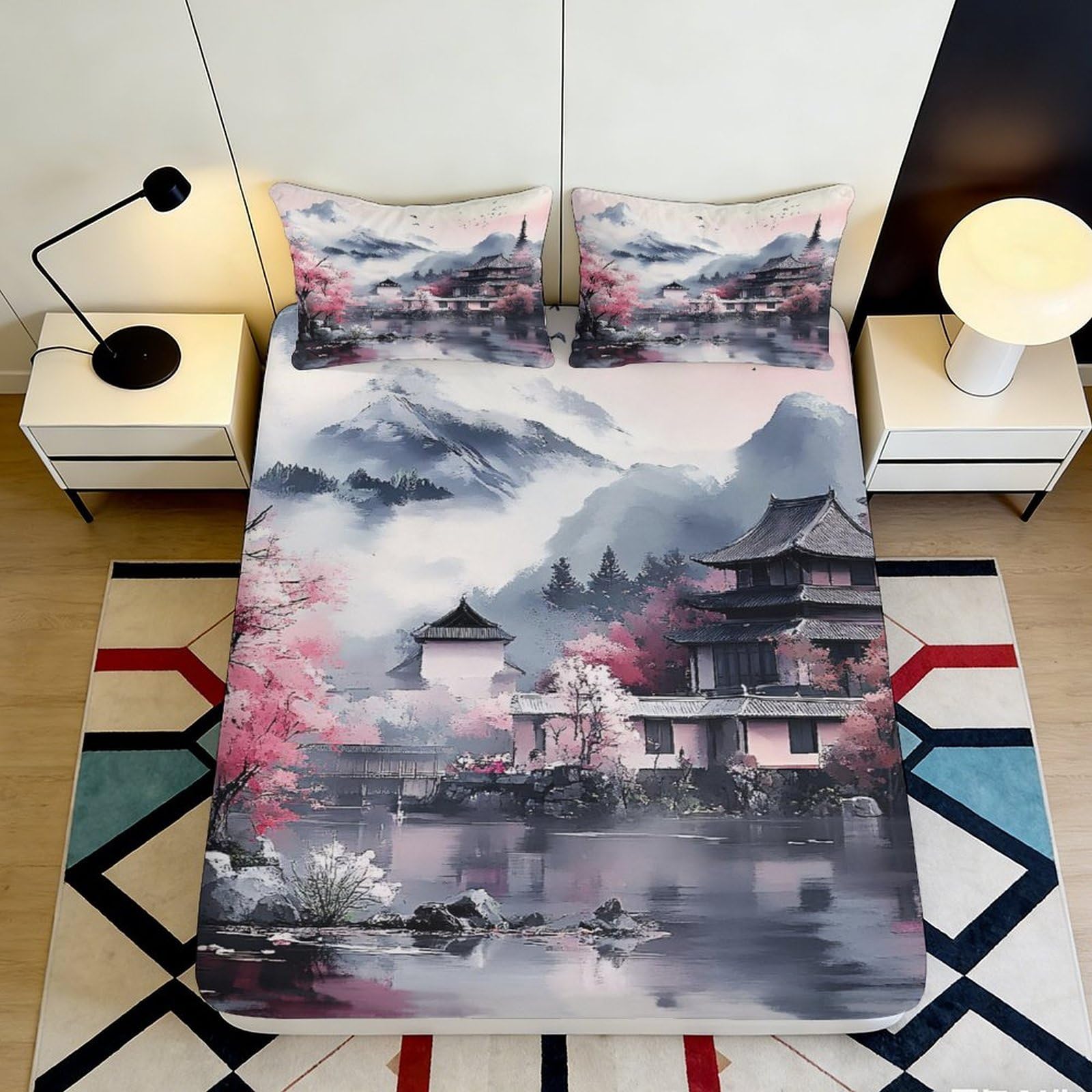 3D Printed Japanese Sakura Landscape Fitted Sheet Microfiber Soft Elegant Pagoda Bed Cover for Bedroom Decor 90x200x25cm