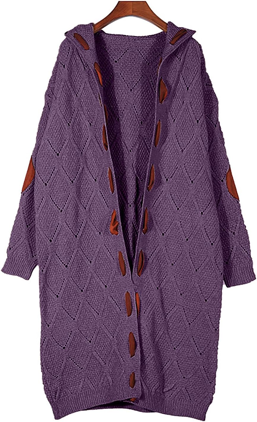 Women Hooded Open Front Cardigan Oversized Elbow Patch Long Sleeve Cable Knit Sweaters Chunky Long Sweater Coats