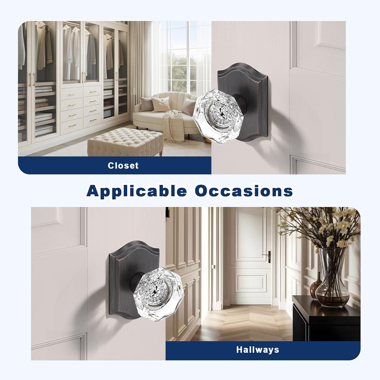 Orger Passage Door Knobs for Hallway and Closet, Glass Door Handles with Non-Locking Latch, Octagonal Clear Crystal Door Knobs 2 Pack, Oil Rubbed Bronze Vintage Rosette with Heavy Duty Crystal