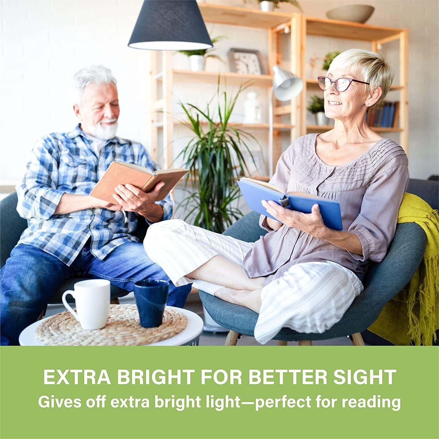 Two elderly individuals sitting comfortably, reading books under bright, clear lighting provided by an overhead light and a table lamp.