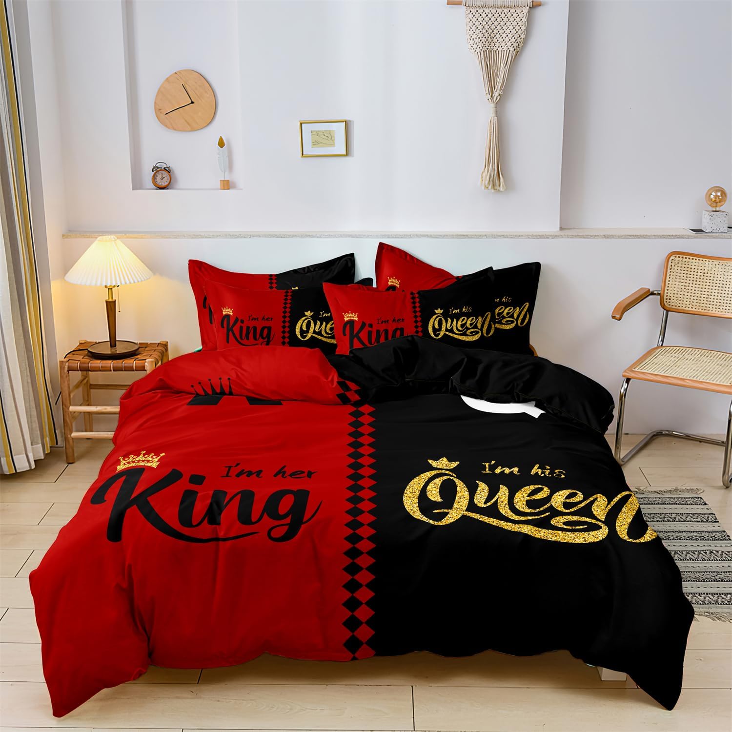 Couple Bedding Set - King Size, Romantic Valentine's Day Presents Crown Queen and King Comforter Cover I'm His/I' Her Bedding Set Red & Black Lover Duvet Cover (NO Core and Pillow Core)