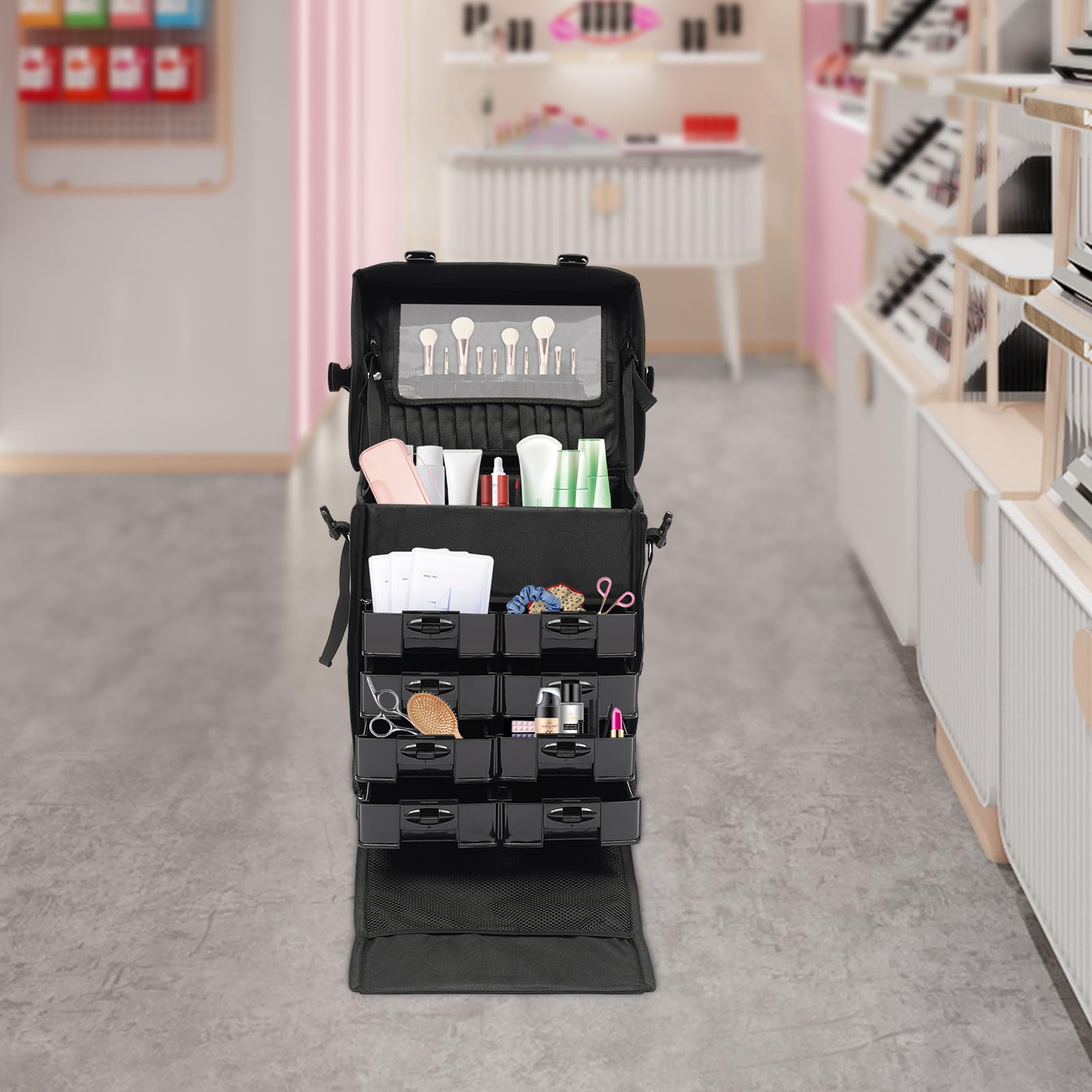 Valise cosmétique 4 en 1 à roulettes professionnelle avec roulettes - Idéale pour les voyages, les coiffeurs, idée cadeau - 38 x 29 x 42 cm - Noir