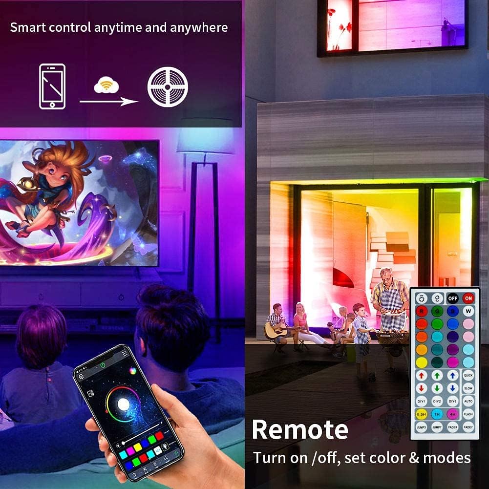 LED Strip Lights, 20ft RGB Light Strip, Bluetooth Controller & 44 Keys RF Remote Control, Light Sync Dance with Music, Timing Function, IP65 Waterproof for Festive, Home Decorations