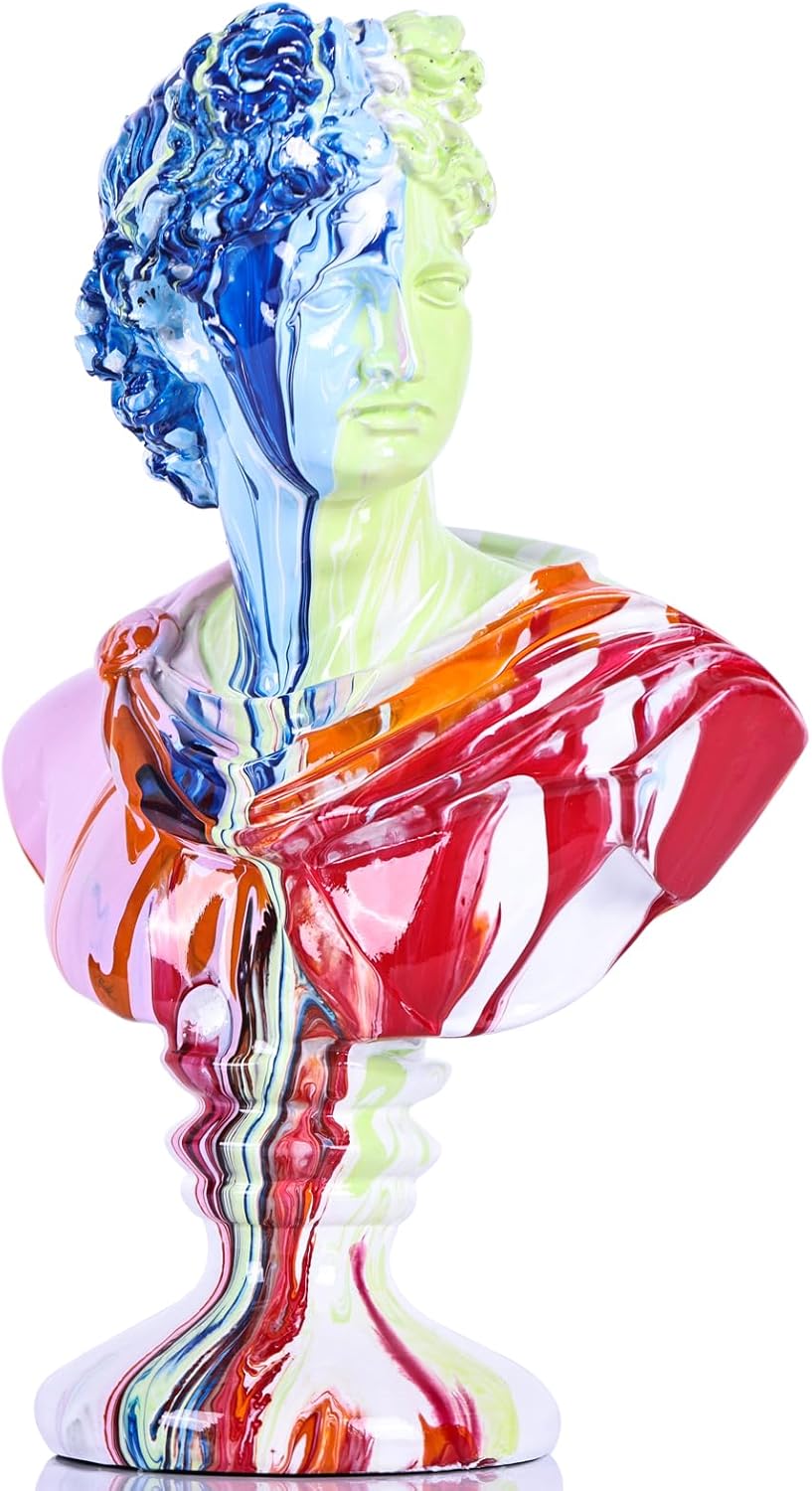 XMGZQ 11.8 Inch Resin David Sculpture, Greek Mythology Statue for Home Decor, Large Art Deco Apollo Bust, Red Orange Blue