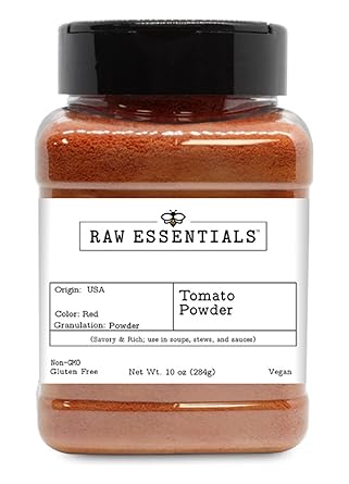 Raw Essentials Tomato Powder | Tomato Paste Powder | Perfect for Soups, Sauces, Stews, Dips, and Seasoning Blends| Savory & Rich| Non-GMO, Gluten Free & Vegan | 10 oz Bottle