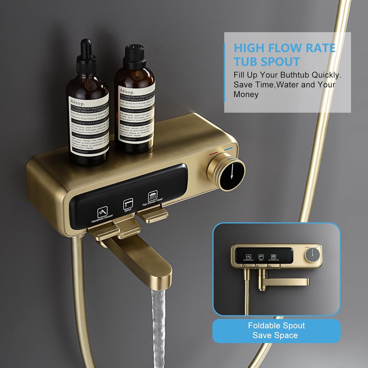 Rainfall Showerhead and Handle Set, 10" Bathroom Shower System, 3 Functions Wall Mounted Shower Faucet Complete Combo Solid Brass with Foldable Tub Spout Modern Bathtub Faucet Shower Trim Kit