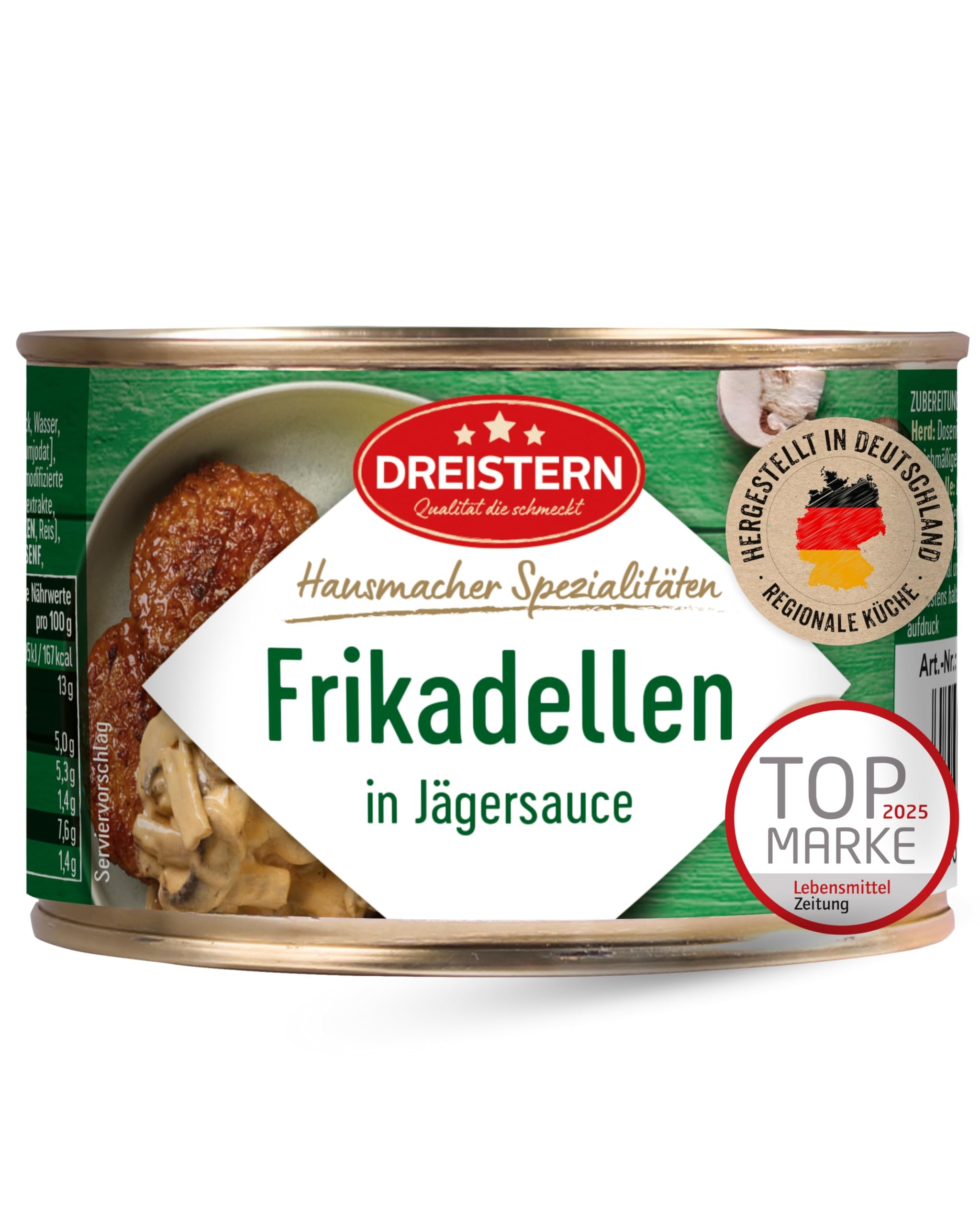 DREISTERN Frikadellen 400g I Mit Jägersauce I Herzhaftes Fertiggericht in recyclebarer Konservendose I Lange Haltbarkeit dank natürlicher Konservierung I Hausmacher Qualität Lebensmittel & Getränke