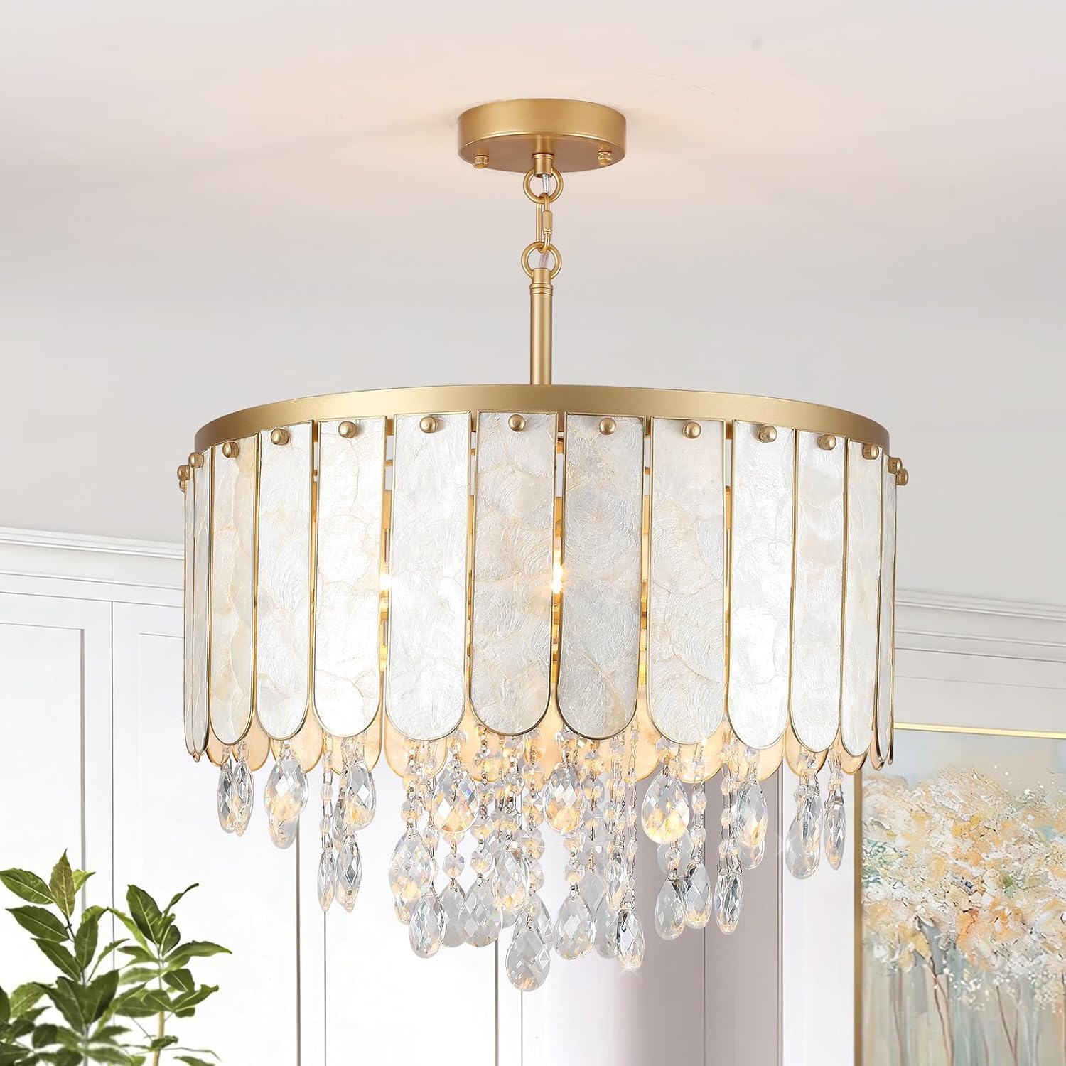 Gold Modern Capiz Shell Ceiling Light Fixture, 5-Light Drum Coastal Pendant Light with Crystals for Kitchen Island, Dining Room, Bedroom, Living Room, Bathroom, Foyer | 2-Tiered Flush Mount Chandelier