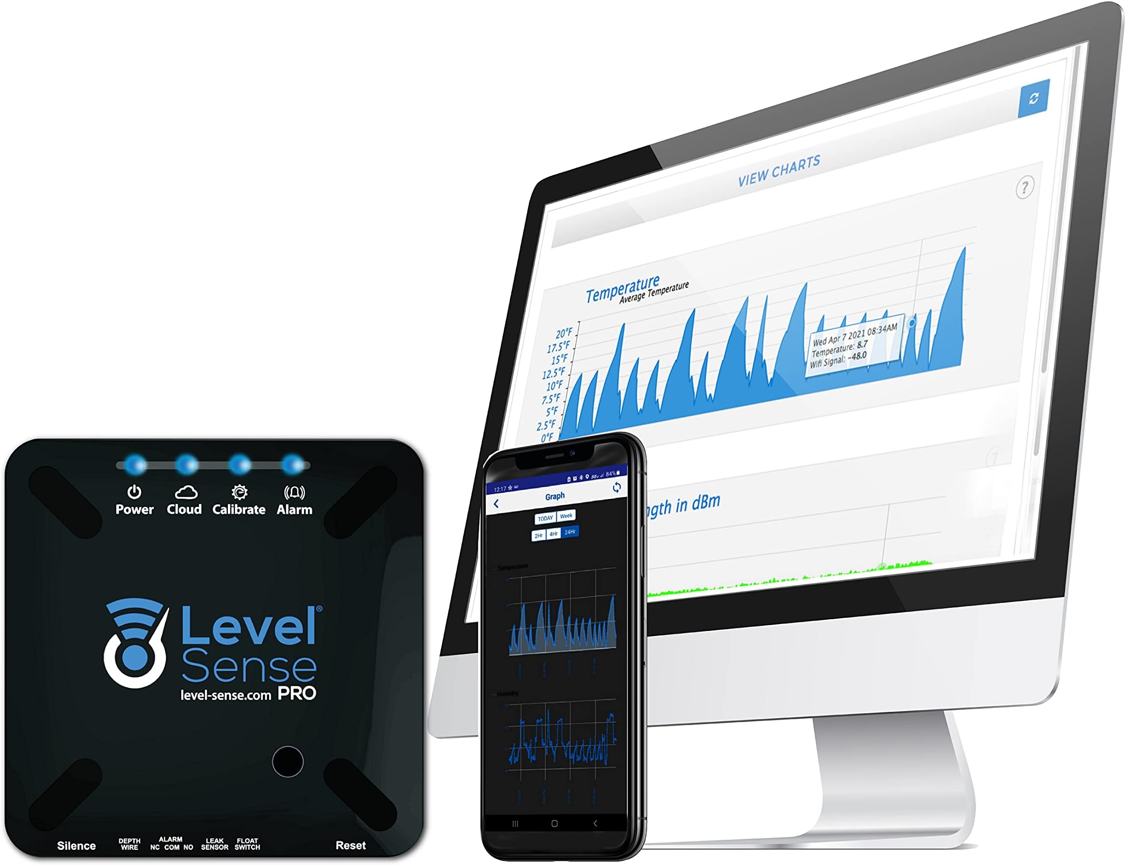 Pro Wi-Fi Enabled Sump Pump Alarm, Features Include: High Water Alarm, Water Leak Detector, Power Failure Detection, Temperature and Humidity Sensor