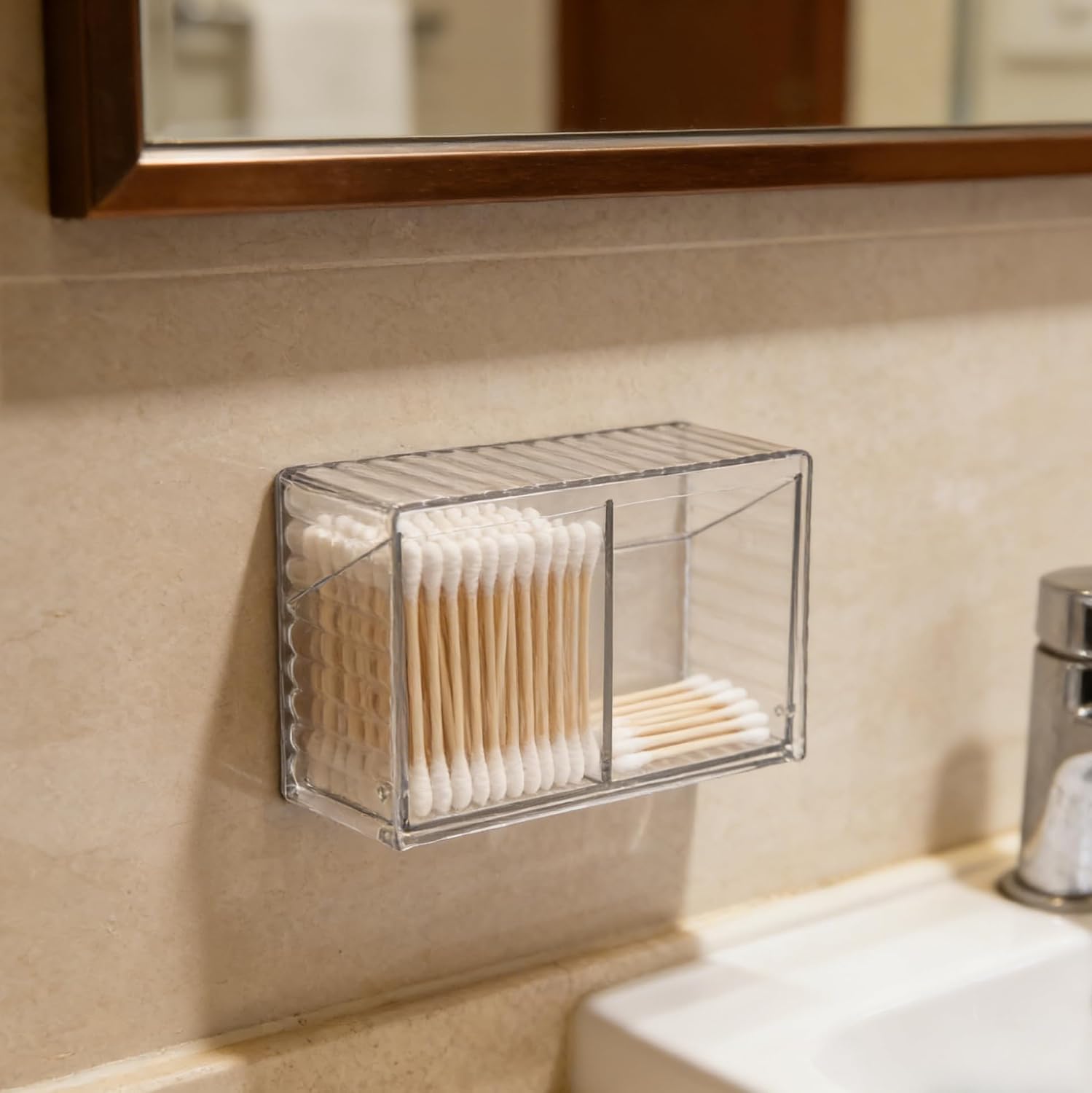 Wall Mounted Storage Box Cotton Swab Dispenser Cotton Ball Holder Organizer with Flip Lid for Bathroom 6.81X4.09X2.59 Inch