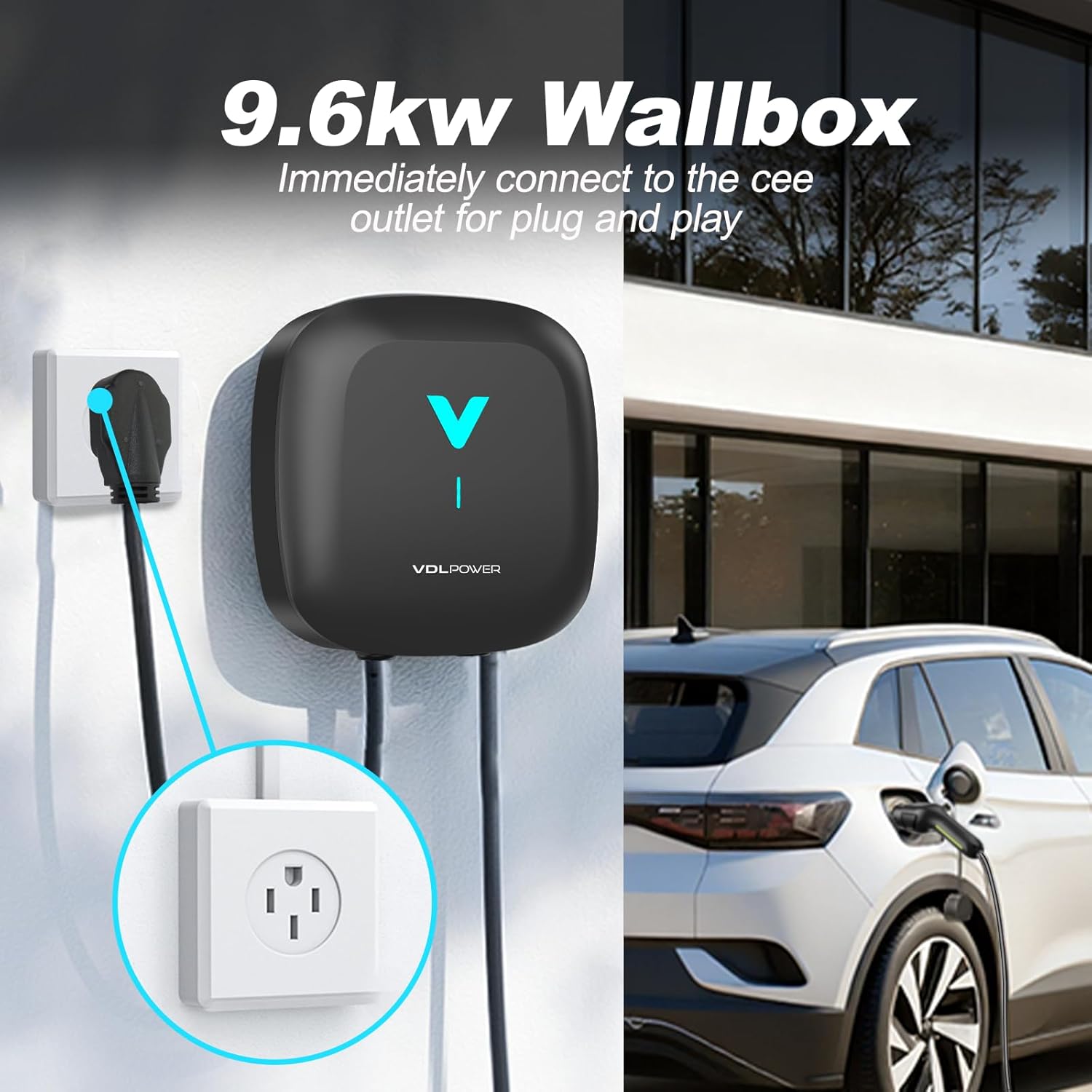 Level 2 EV Charger 40A/9.6KW Wall EV Charger, Indoor/Outdoor Car Charging Station with NEMA 14-50 Plug, 24ft J1772 Cable, Wi-Fi and Bluetooth Enabled EVSE, Smart Car Charging Station
