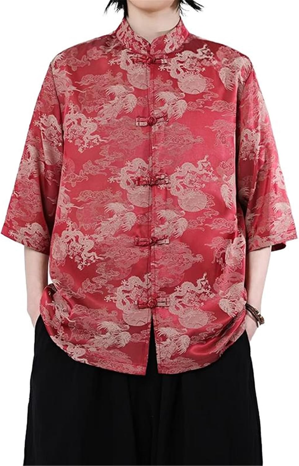 Men's Chinese Style Short Sleeved Shirt Summer Stand-Up Collar Plate Buckle Tang Suit Casual Vacation Kung Fu T-Shirt Tops