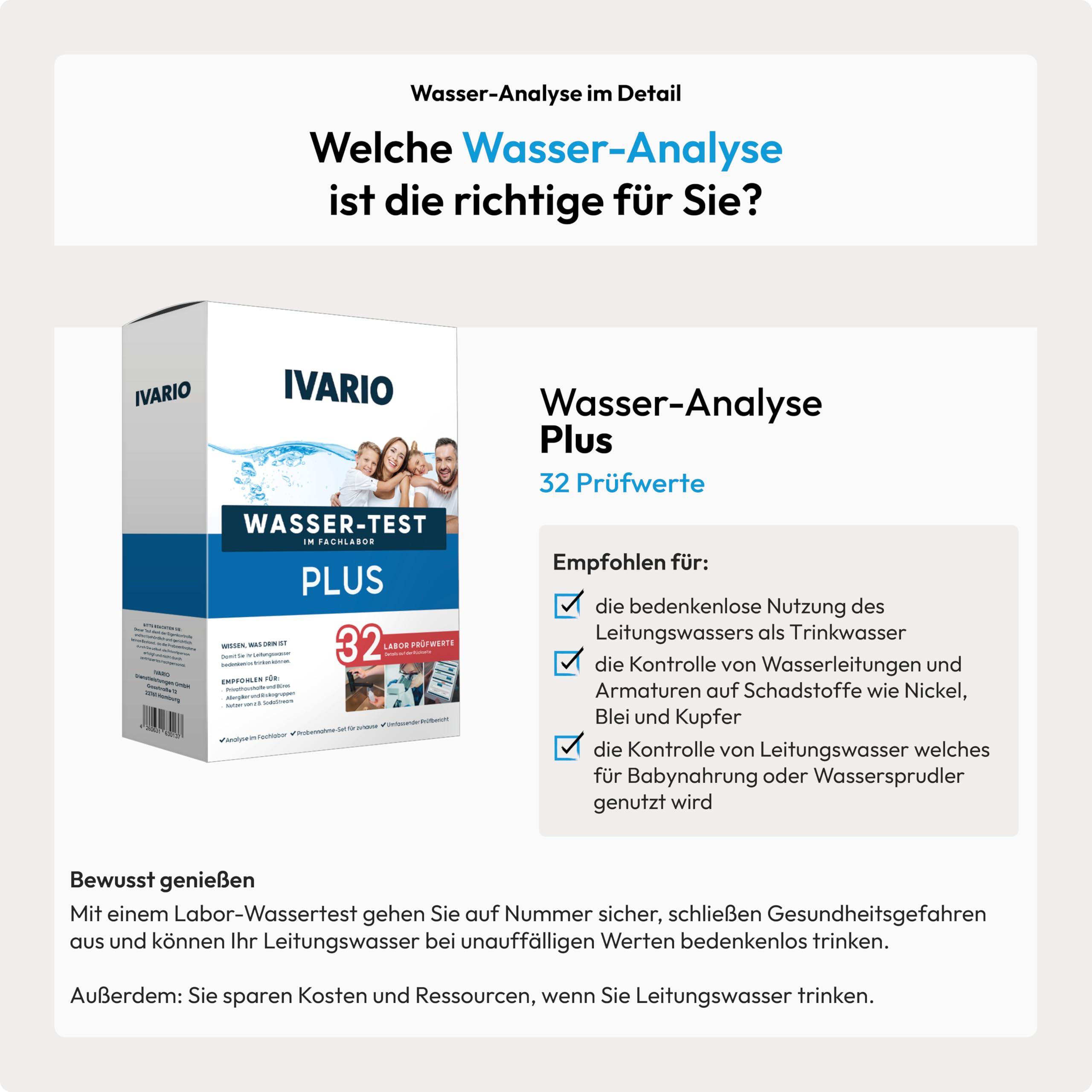 IVARIO Plus Labor-Wassertest-Set Trinkwasser Test 32 Schadstoffe Analyse Fachlabor