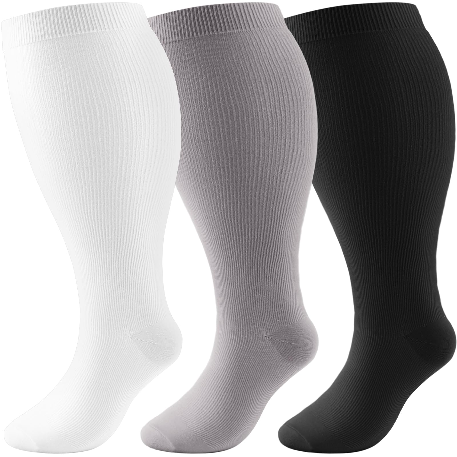 Dreshow Women's 3 Pairs Plus Size 57-02 Plus Size Compression Socks For Men Wide Calf Extra 20-30Mmhg Knee High Socks Support For Circulation