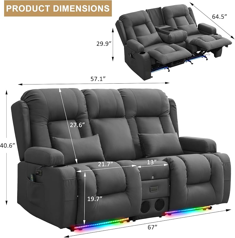URRED Power Loveseat Recliner Sofa with Massage and Heat，Grey image 3