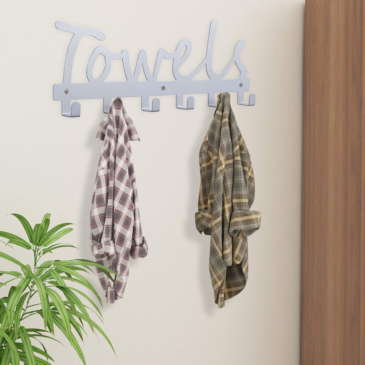 Bathroom Towel Rack 6 Hooks Wall Mount Door Hooks Towel Holder & Bath Organizer Silver Sandblasted Coat Robe Hook Waterproof and Rustproof for Bath Pool Living Room or Kitchen Garage Hotel