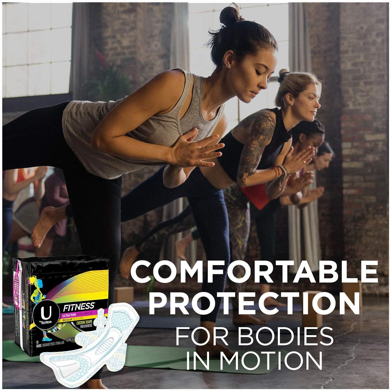U by Kotex Fitness Ultra Thin Pads with Wings, Regular Absorbency, Fragrance-Free Pads, 30 Count