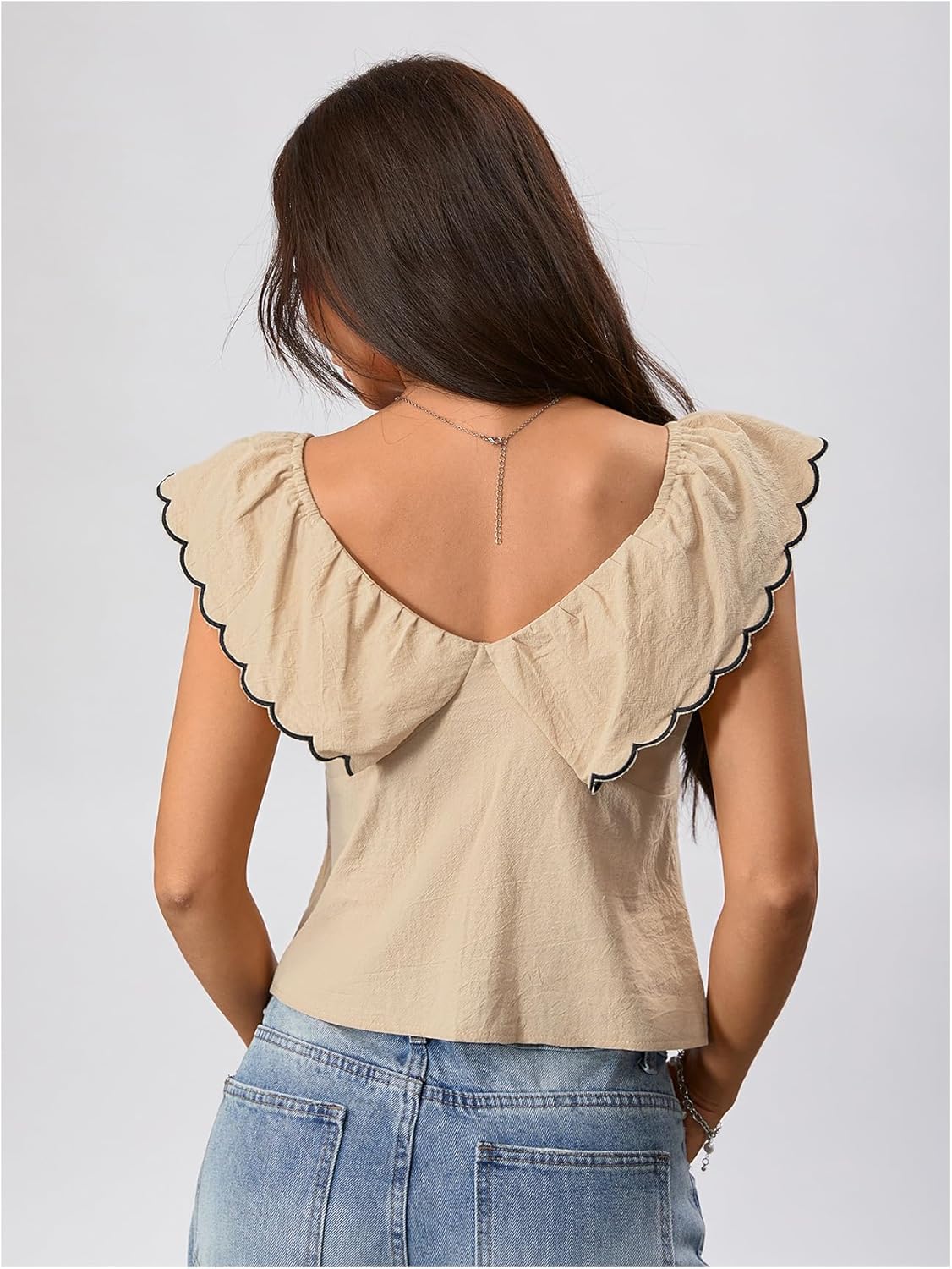 MakeMeChic Women's Bow Tie Front Sweetheart Blouse Ruffle Cap Sleeve Dressy Crop Tops - Image 2