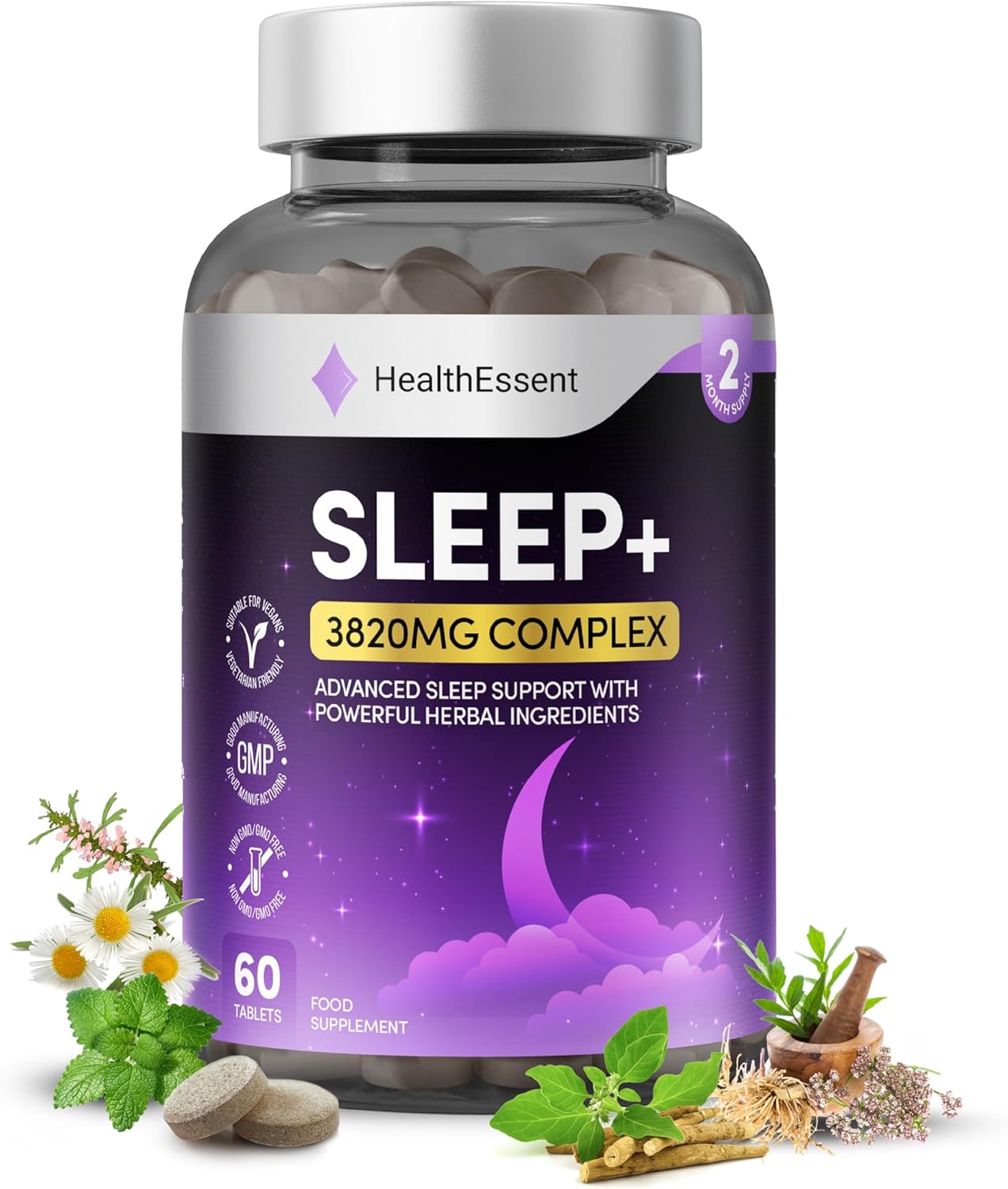 HealthEssent Sleeping Tablets with Magnesium Glycinate, Valerian Root, Lemon Balm Leaf and L-Theanine | Melatonin Predecessor Complex 3820mg for Restful Sleep, Vegan and Tested for Adults – 60 Tablets