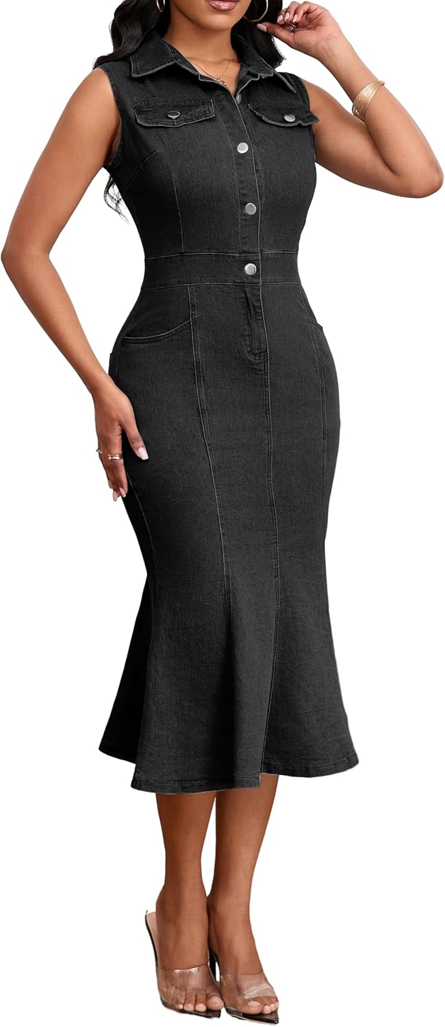 SeNight Women's Denim Dress Sexy V Neck Bodycon Mini Dresses - Image 5