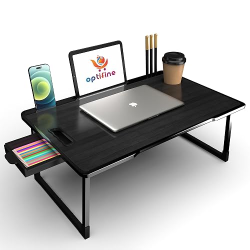 SOLAIM Foldable Wooden Mini Laptop Table for Bed, Study Table with Drawer, Tablet/Mobile Holder for Kids & Adults-> (B-COTTED-Black)