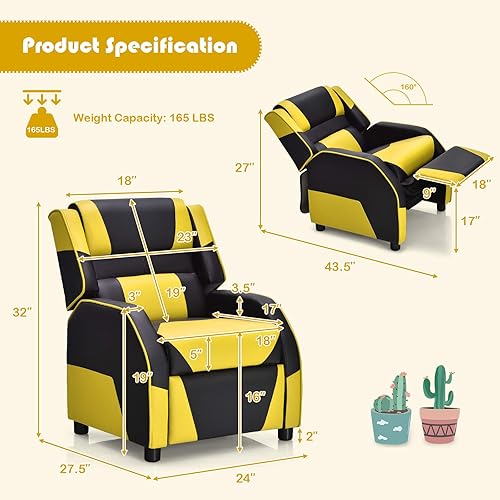 Miniatura 21 de Costzon Silla reclinable para niños, silla reclinable para juegos con reposapiés, reposacabezas y soporte lumbar, silla ergonómica de cuero para