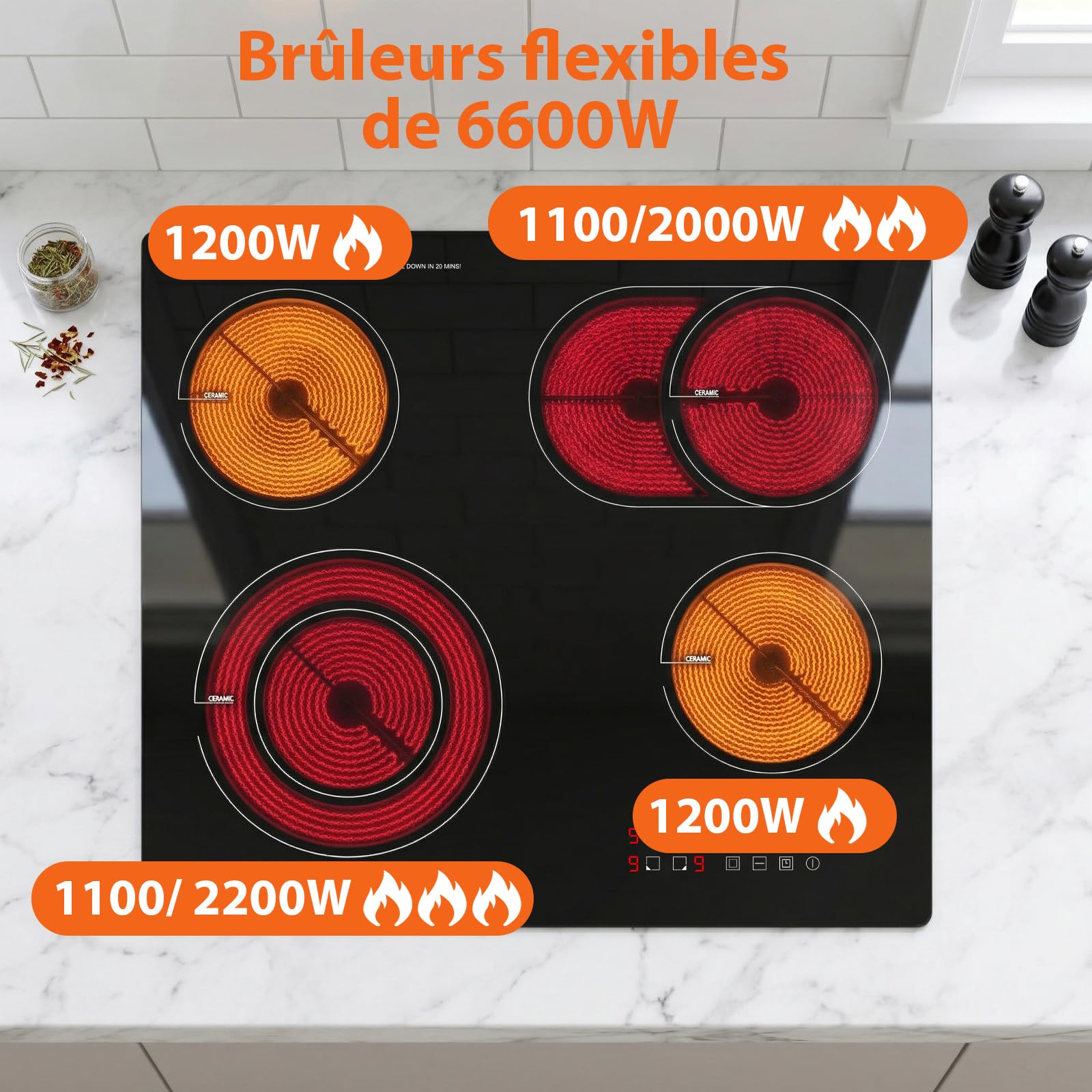 Topwish Plaque vitrocéramique 4 feux, plaque de cuisson vitrocéramique encastrable, plaque de cuisson electrique, tables de cuisson 60cm avec double zone extensible, verrou de sécurité, 6600W