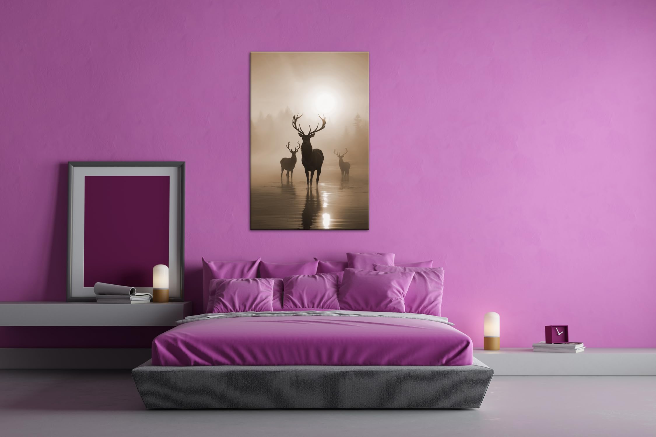 deyoli Silhouetten im Morgendunst – Hirsche im goldenen Nebel Format: 120x80cm Effekt:Sepia XXL Kunstdruck Motiv auf Holzrahmen/Leinwandbild/Wandbild/Wohnzimmer Dekoration