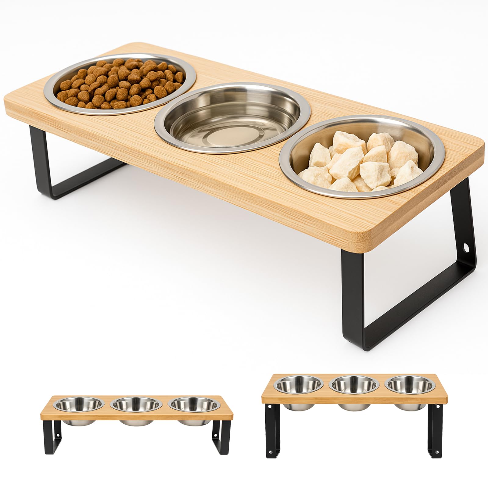 3 Cat Bowls with Stand - Adjustable Height Elevated Feeder for Cats & Small Dogs, Stainless Steel Raised Bowls, Anti-Vomit & Anti-Slip Tilted Design, Slow Feeding Pet Food & Water Station
