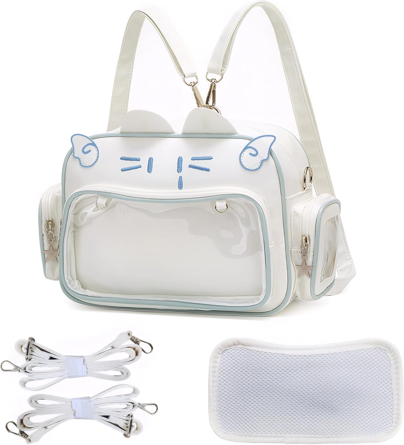 LINGJIE Cute Cat Ita Bag Backpack Crossbody Bag for Girls Kawaii Shoulder Bags Pin Display Backpack with Insert (White)