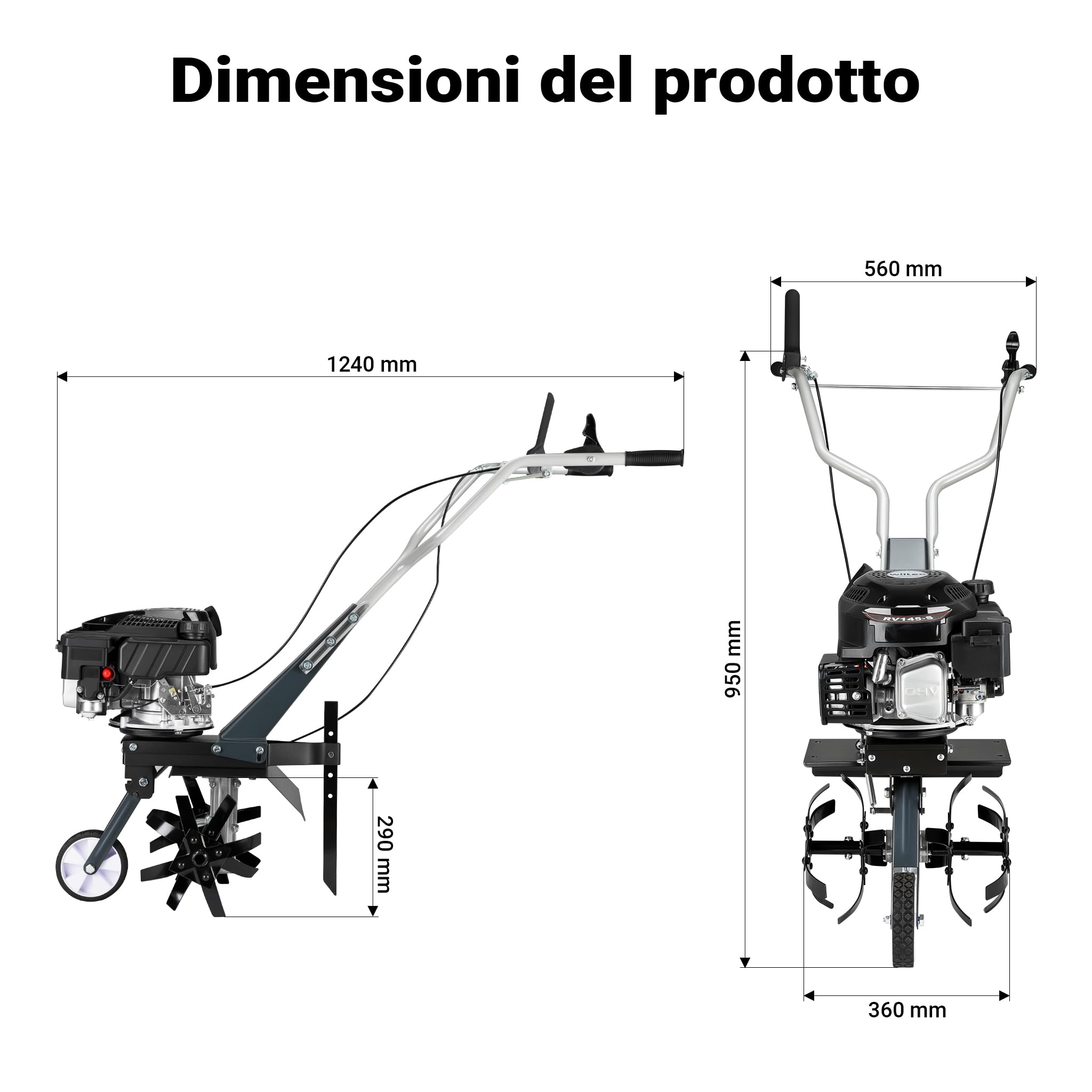 Wiltec Motozappa a scoppio, fresa a scoppio, larghezza di lavoro 36 cm, profondità di lavoro 25 cm, motore a benzina a 4 tempi, 2,5 kW, 144cc, 4 set di lame