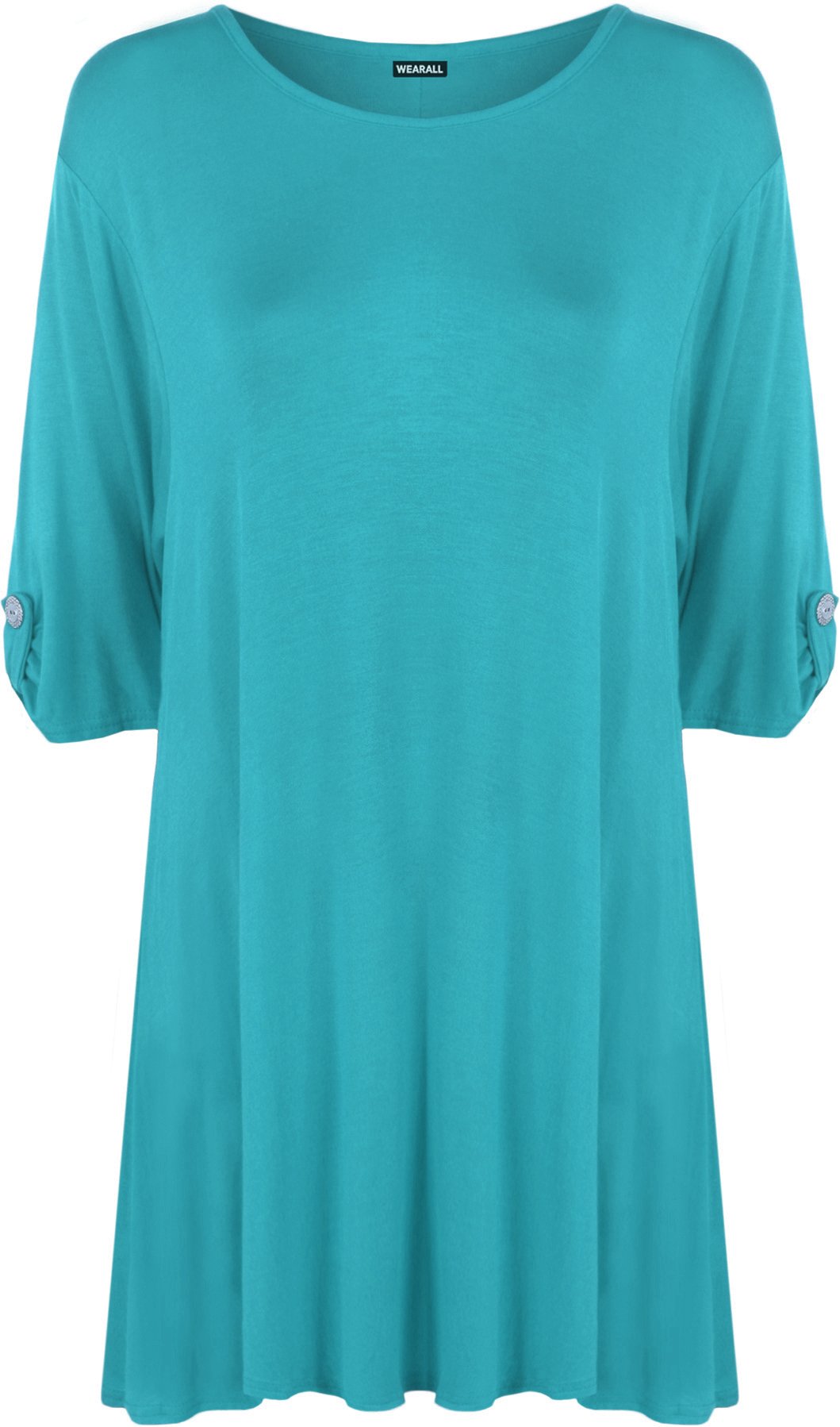 Wearall Women's Turquoise Plus Size Plain Turn Up Button Short Sleeve Stretch Top - 20-22