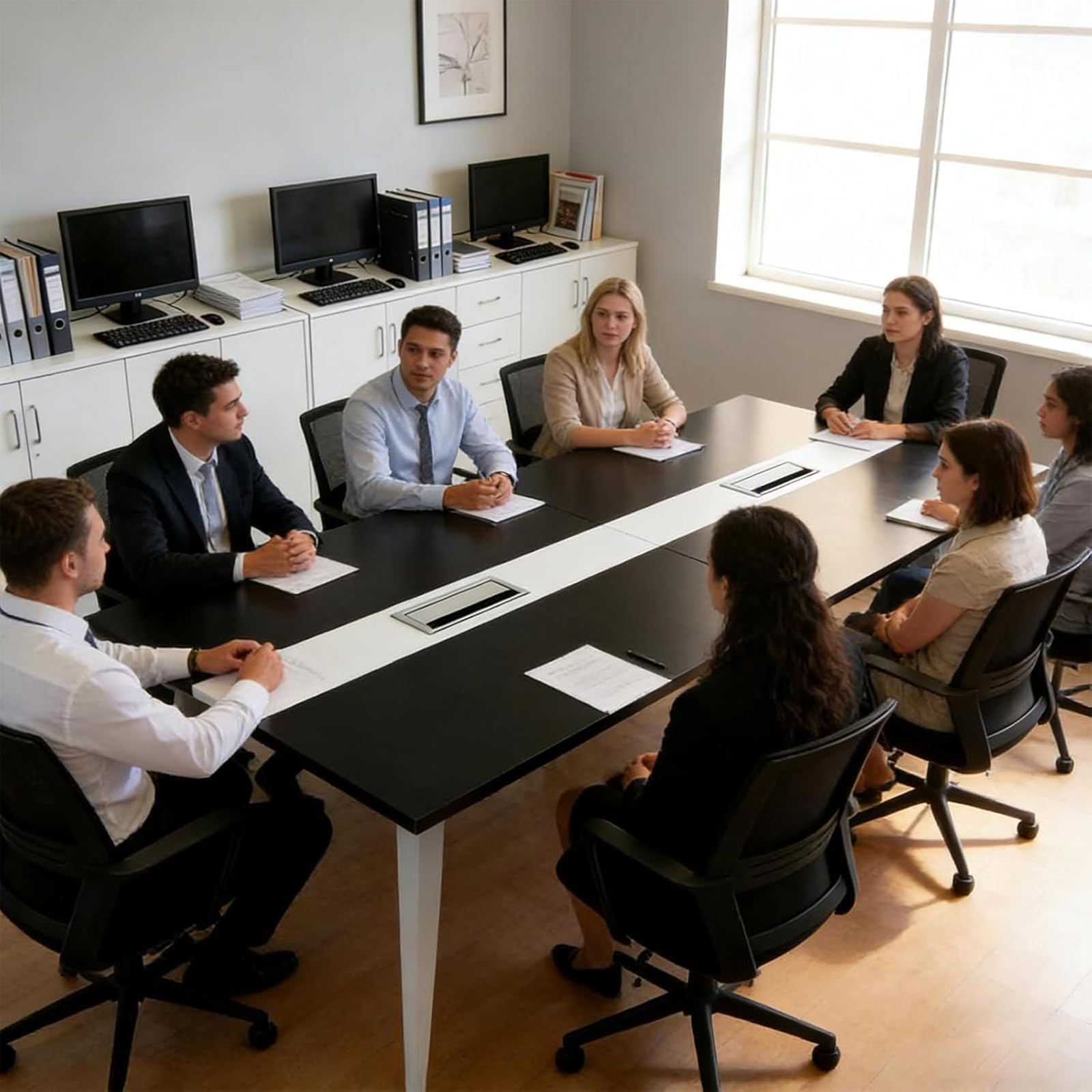 Tavolo Riunioni 240 cm per 8-10 Persone, Grande Tavolo Conferenze Rettangolare con Struttura in Metallo, Tavolo Ufficio con Passacavi per Sala Riunioni White