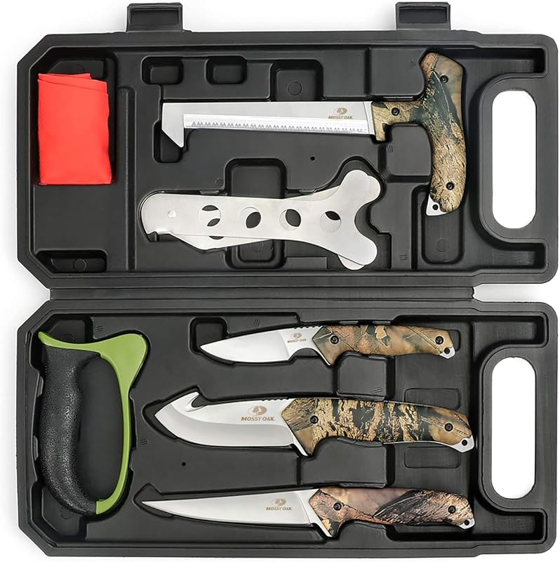 Mossy Oak Field Dressing Kit Hunting Deer Knife Set (8-Piece) | Portable Butcher Game Processor Set, Stainless Steel Hunting Knife Set