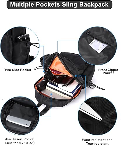 Miniatura 6 de Pequeña mochila cruzada negra en el pecho, bolsa de hombro para hombres y mujeres, ligera con una correa para senderismo, caminar, ciclismo, viajes,